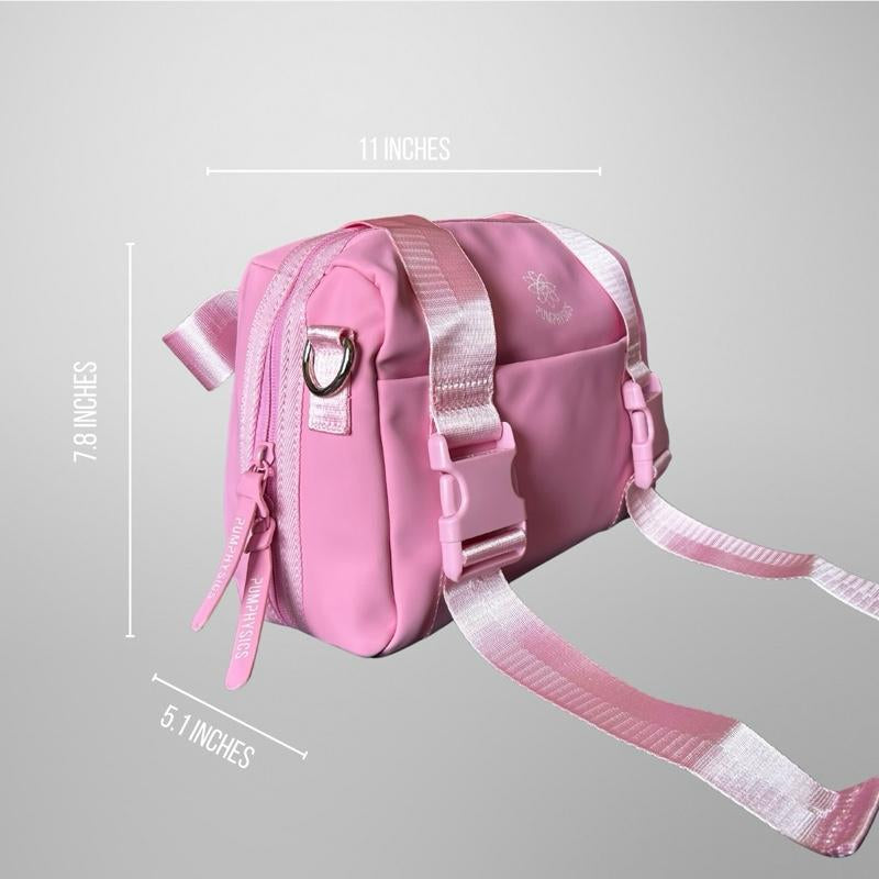 PUMPHYSICS Momentum Mini Gym Duffle Bag - Pink PU Leather with Velcro Closure & Mesh Pocket - Vegan Friendly, Water Resistant, Lightweight, Durable Design