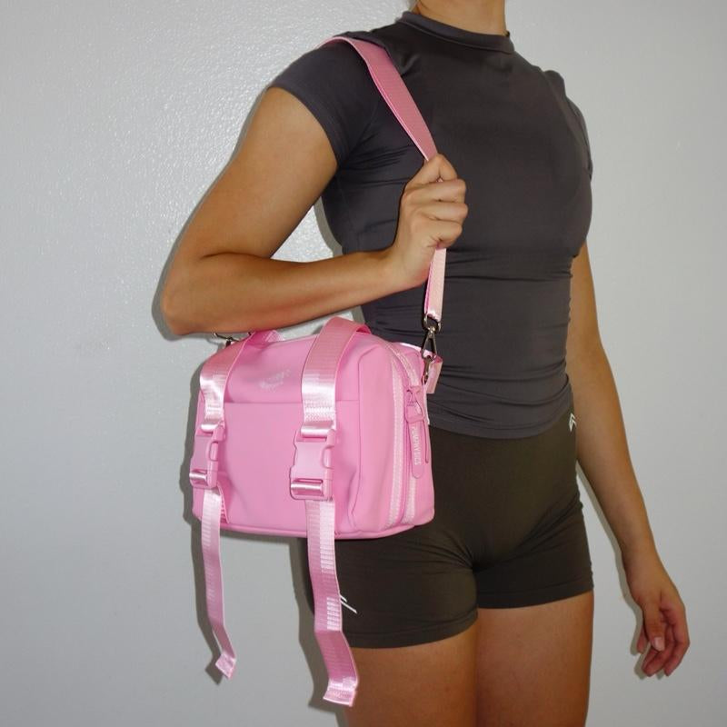 PUMPHYSICS Momentum Mini Gym Duffle Bag - Pink PU Leather with Velcro Closure & Mesh Pocket - Vegan Friendly, Water Resistant, Lightweight, Durable Design